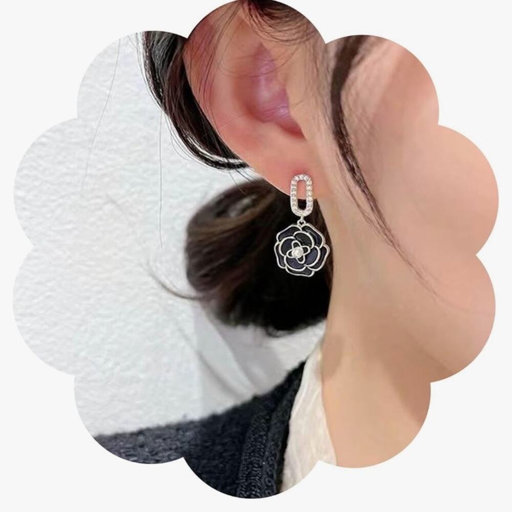 Designer Black Camellia Pearl Dangle Earrings - Picture 6 of 7